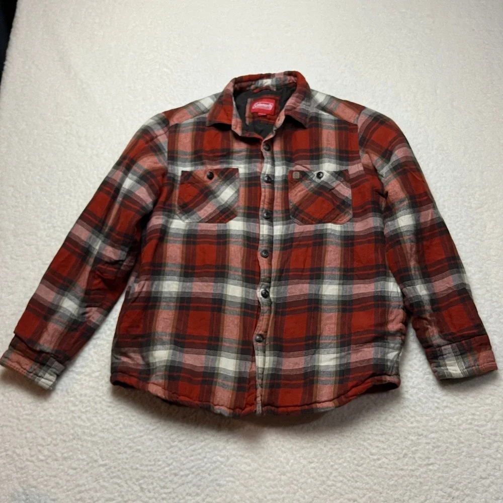 Coleman Shirt Jacket Mens S Red Plaid Quilted Lined‎ Flannel Shacket Button Up